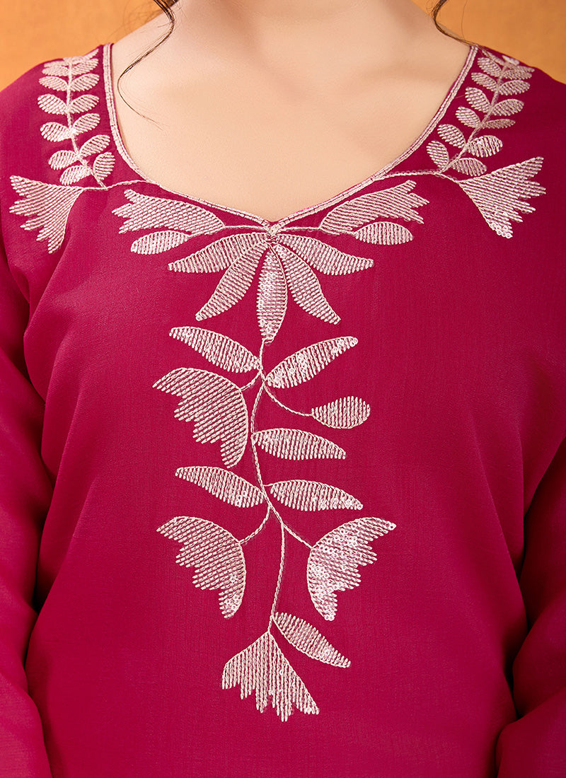 Magenta Sequence Work Kurta With Trousers & Dupatta