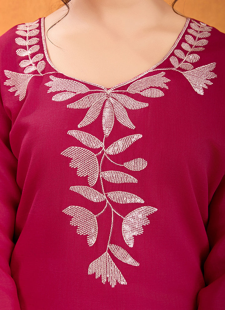 Magenta Sequence Work Kurta With Trousers & Dupatta