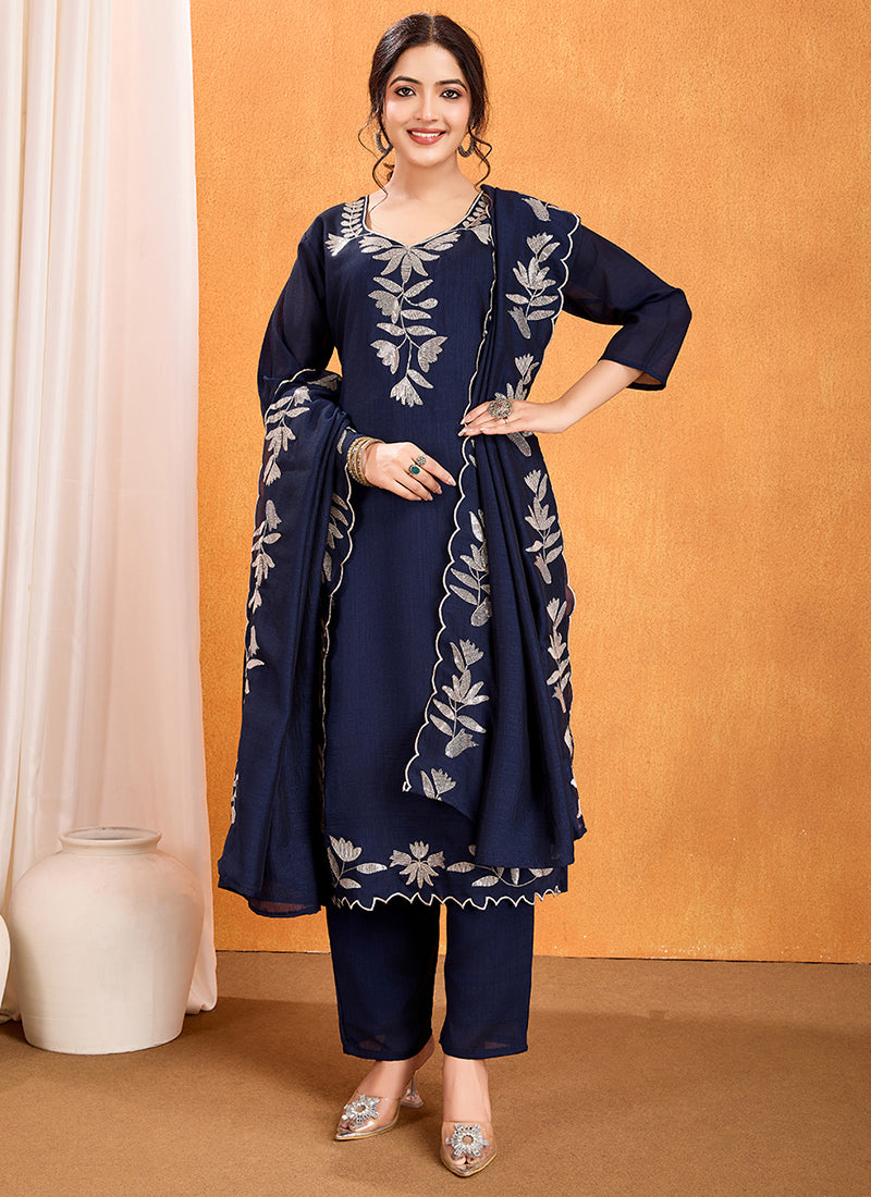 Blue Sequence Work Calf Length Kurta With Trousers & Dupatta