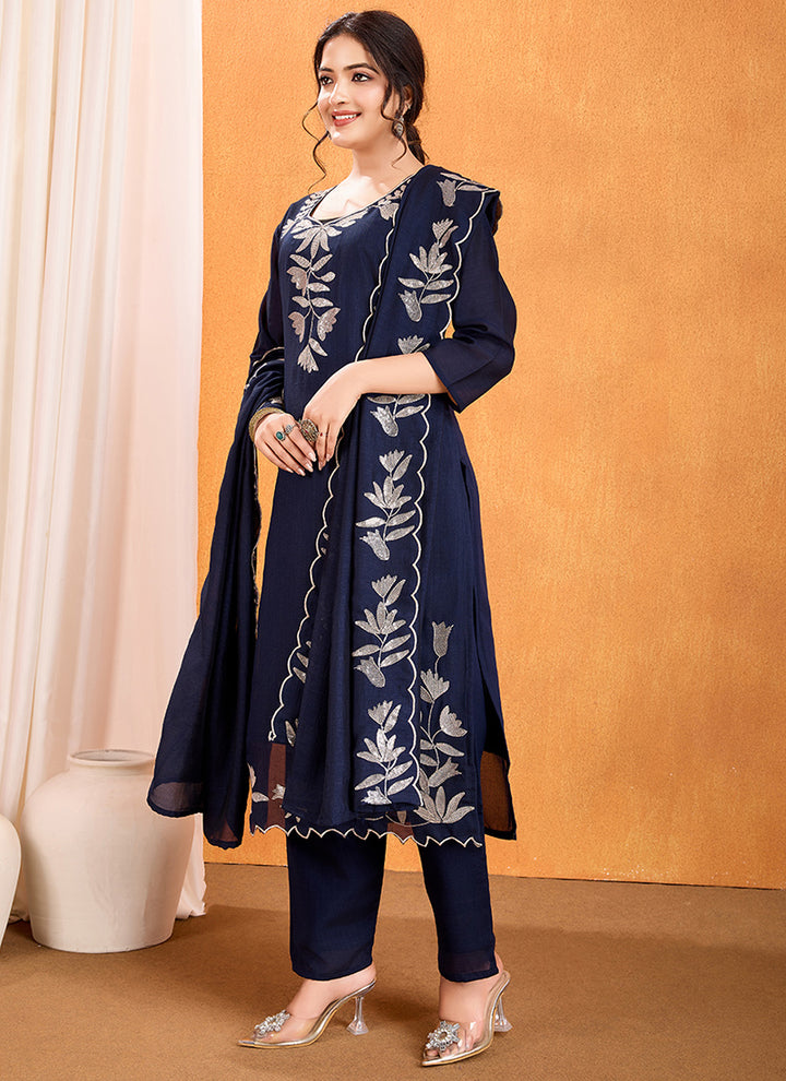 Blue Sequence Work Calf Length Kurta With Trousers & Dupatta