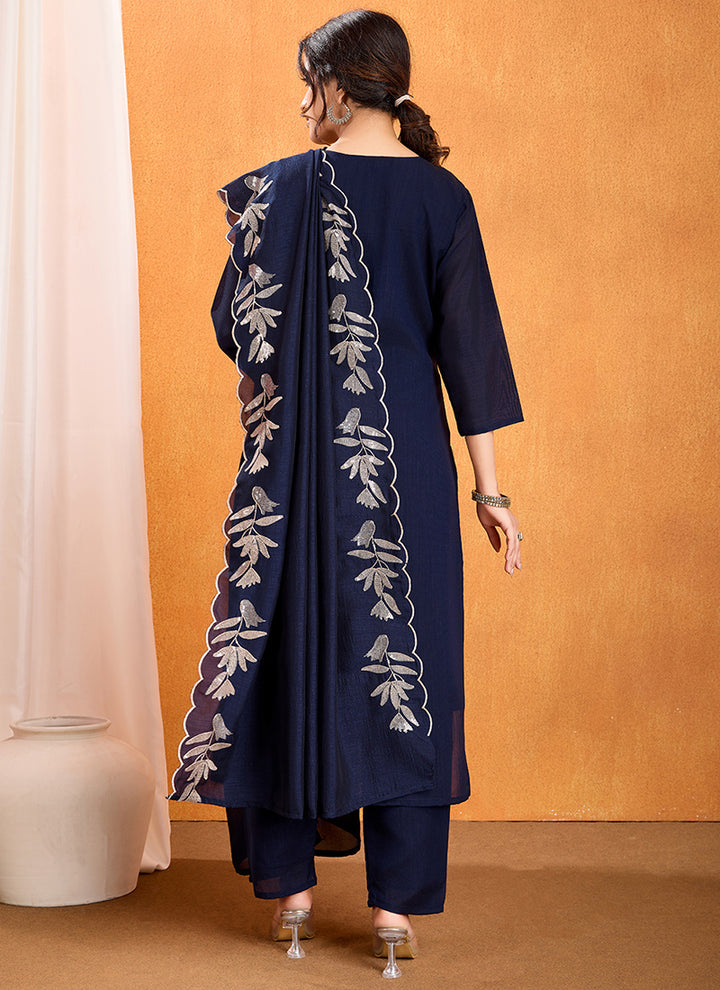 Blue Sequence Work Calf Length Kurta With Trousers & Dupatta