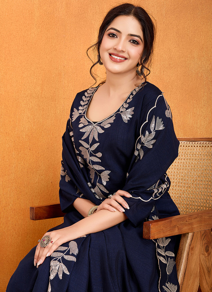 Blue Sequence Work Calf Length Kurta With Trousers & Dupatta