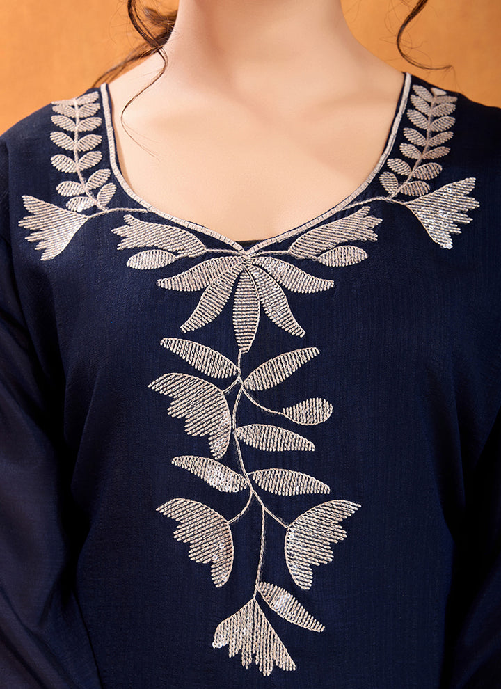 Blue Sequence Work Calf Length Kurta With Trousers & Dupatta