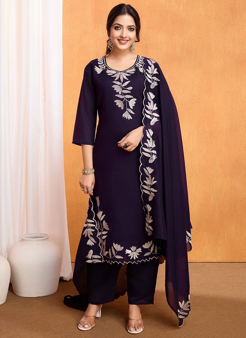 Purple Vichitra Silk Sequence Work Kurta With Trousers & Dupatta