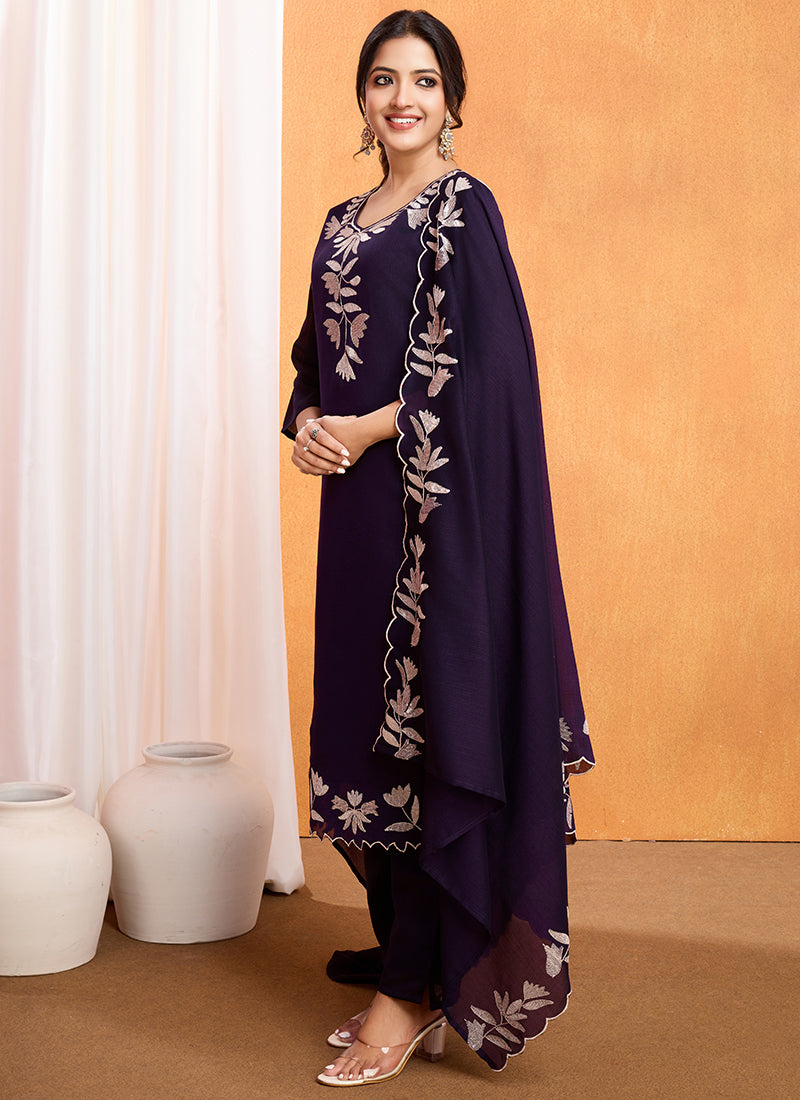 Purple Vichitra Silk Sequence Work Kurta With Trousers & Dupatta