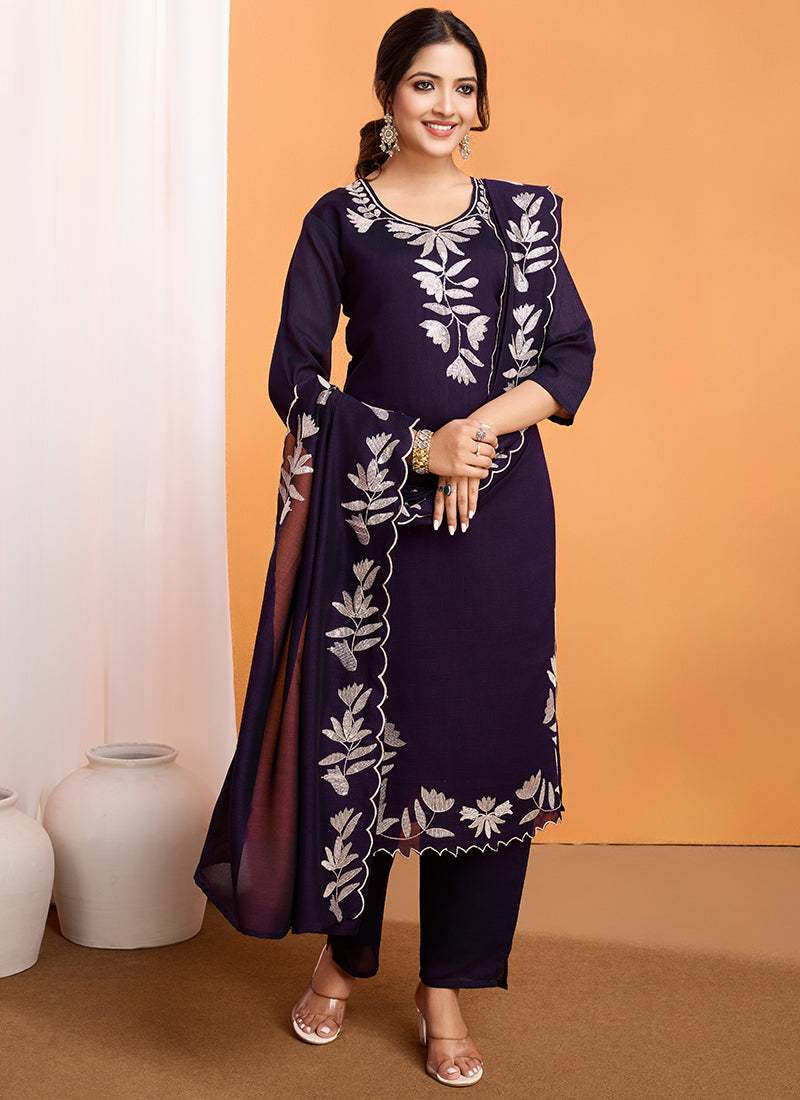 Purple Vichitra Silk Sequence Work Kurta With Trousers & Dupatta