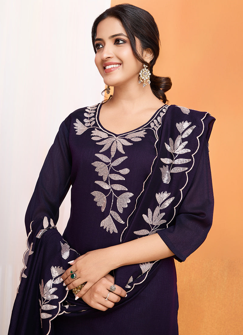Purple Vichitra Silk Sequence Work Kurta With Trousers & Dupatta
