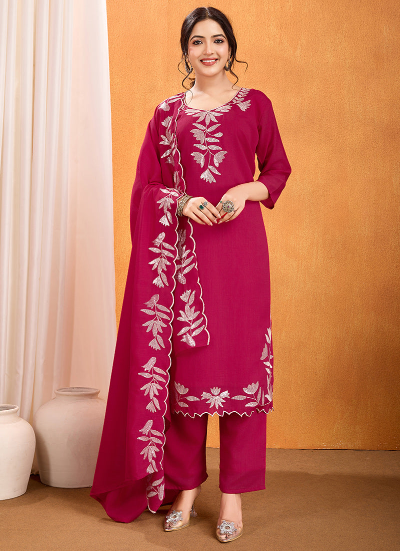 Magenta Sequence Work Kurta With Trousers & Dupatta