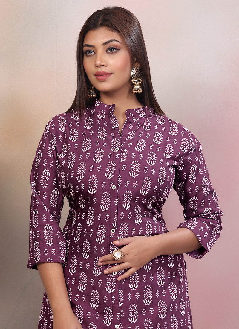 Purple Rayon Floral Printed Outwear Cord Set