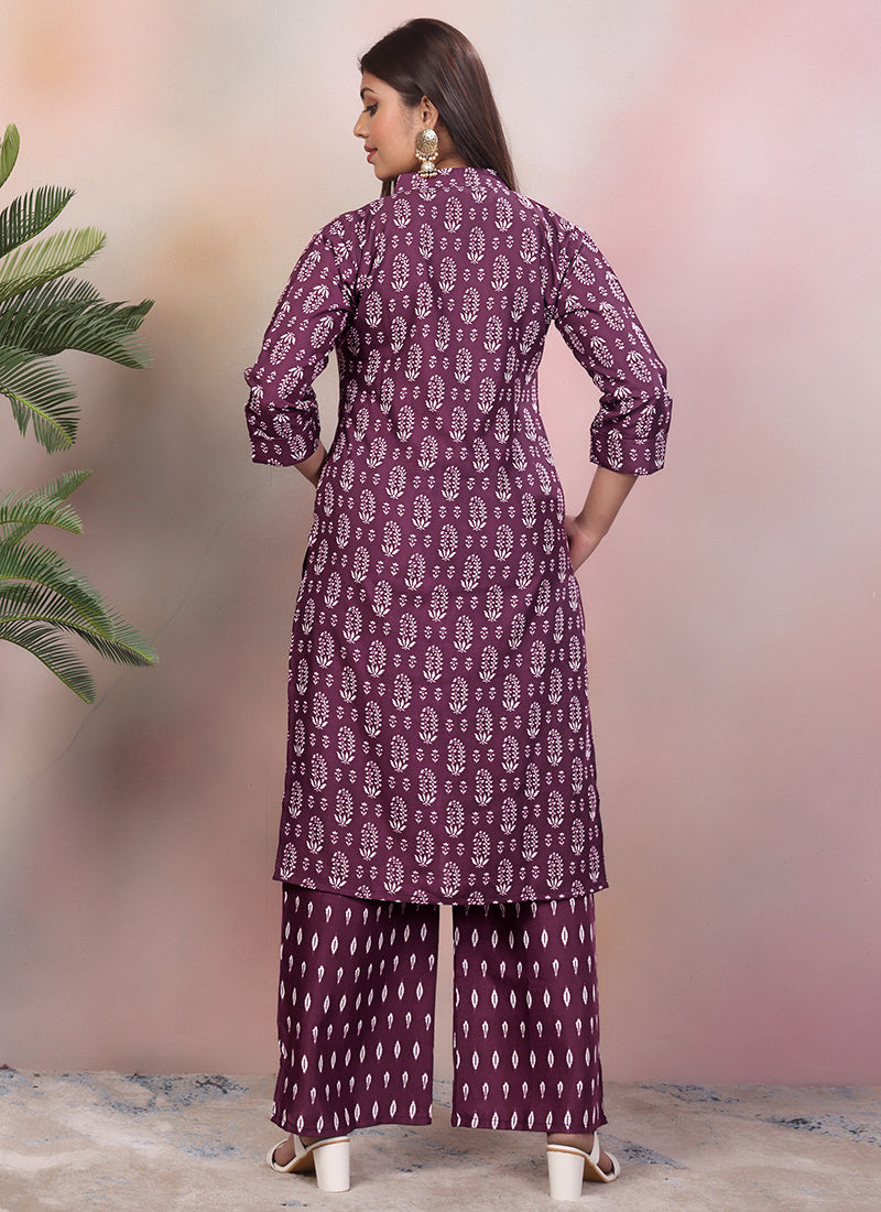 Purple Rayon Floral Printed Outwear Cord Set