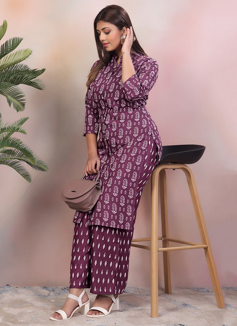 Purple Rayon Floral Printed Outwear Cord Set