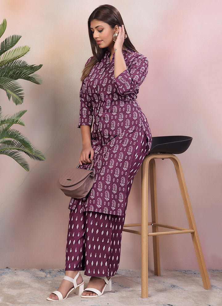 Purple Rayon Floral Printed Outwear Cord Set