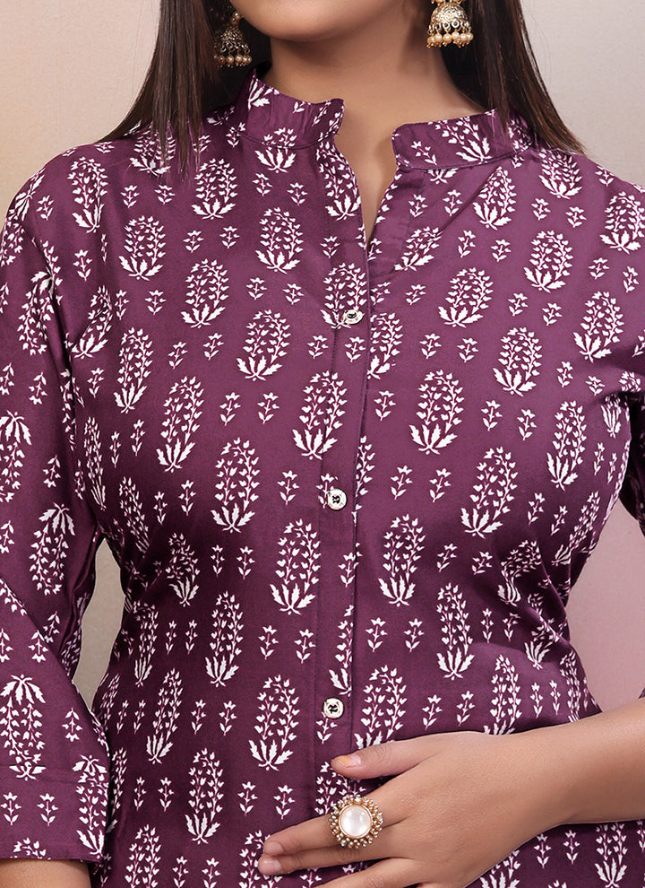 Purple Rayon Floral Printed Outwear Cord Set