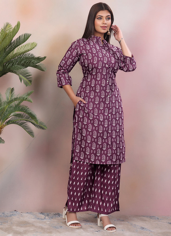 Purple Rayon Floral Printed Outwear Cord Set