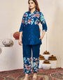 Cotton Blue Flower Printed Cord Set For Outwear