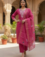 Magenta Embroidered Rayon Slub Ceremonial Kurta Set