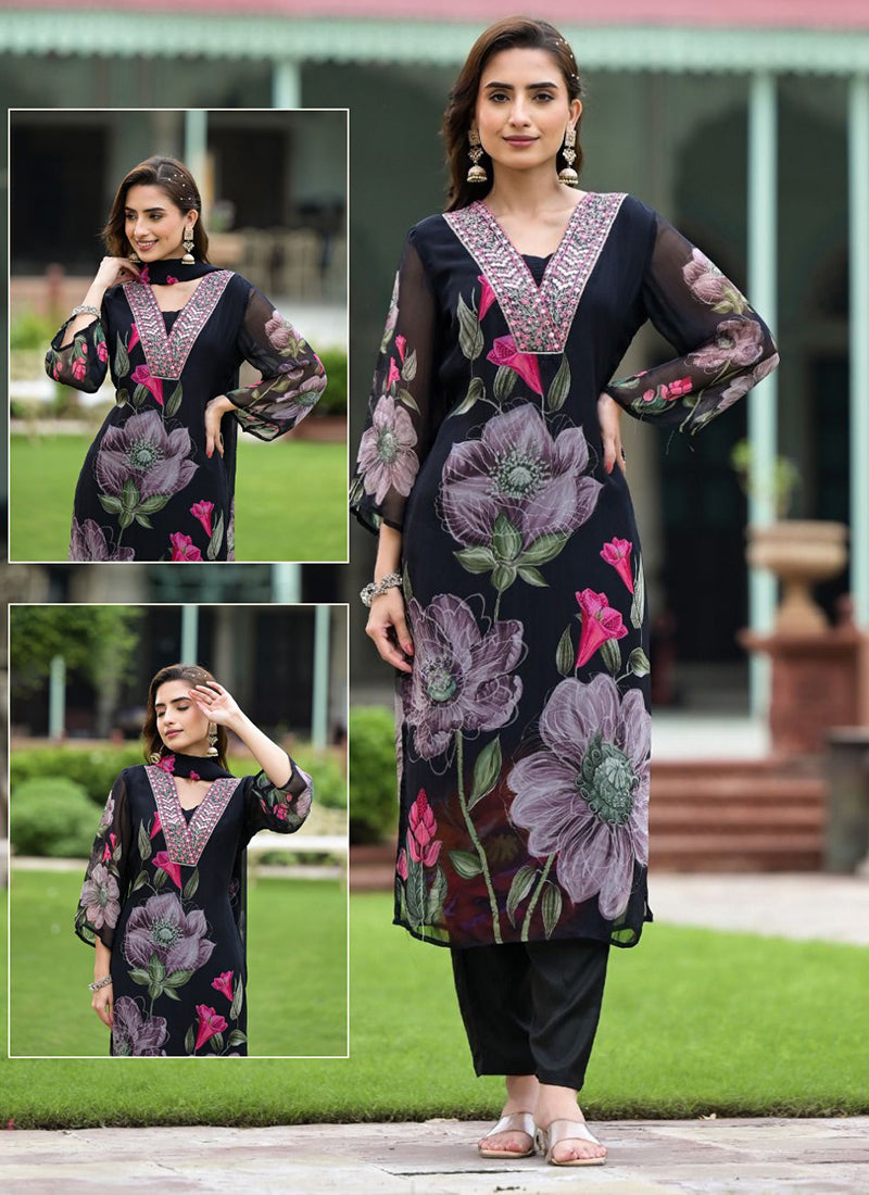 Black Flower Printed Kurta With Trousers & Dupatta
