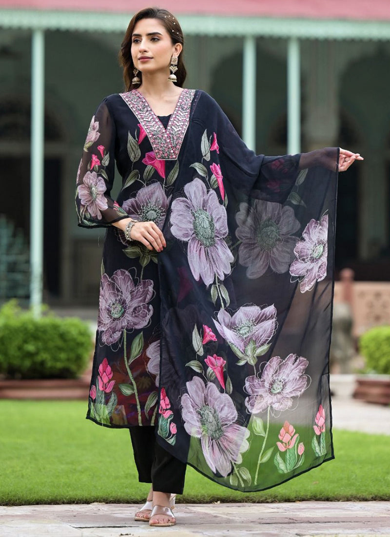 Black Flower Printed Kurta With Trousers & Dupatta