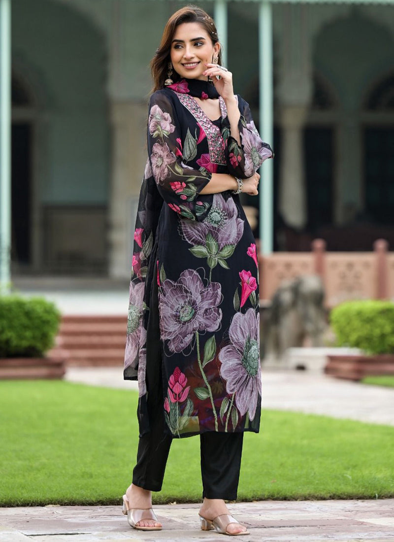 Black Flower Printed Kurta With Trousers & Dupatta