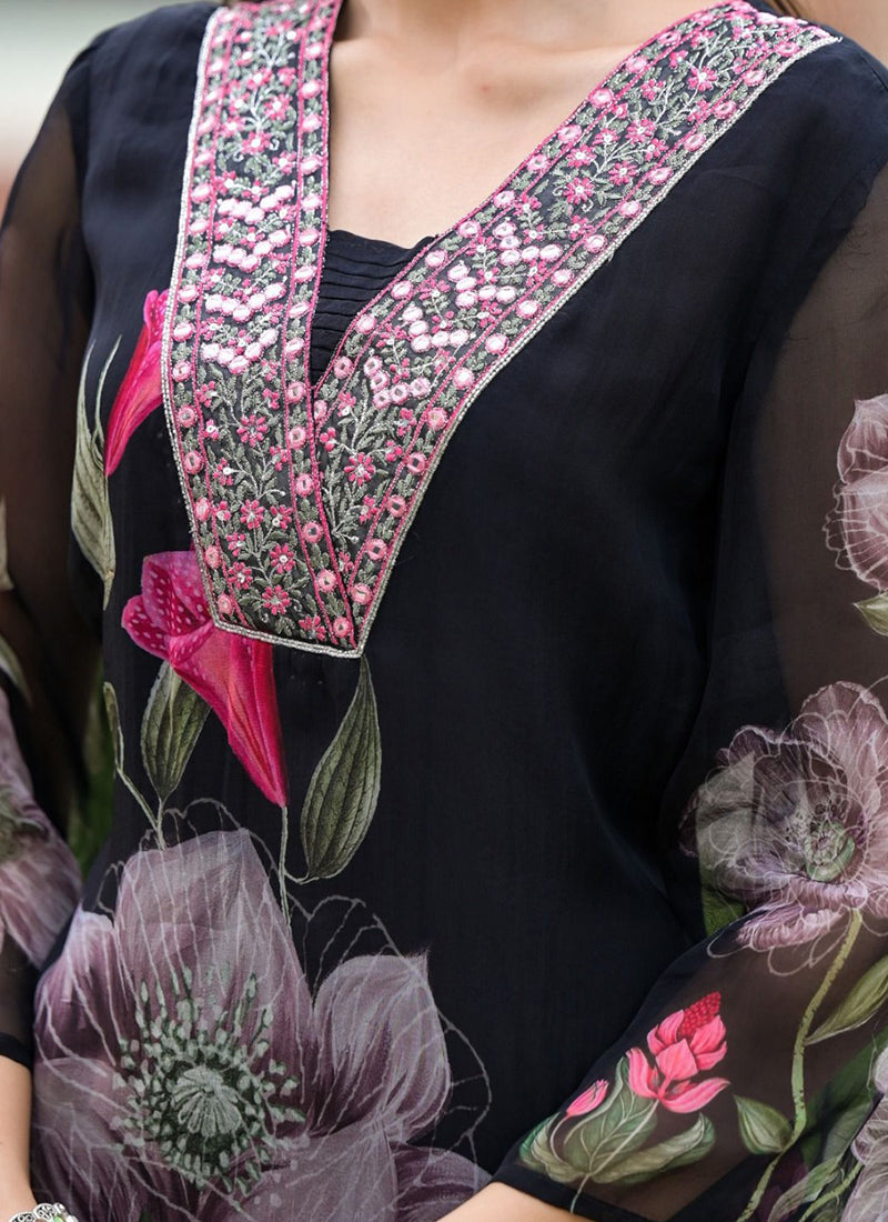 Black Flower Printed Kurta With Trousers & Dupatta