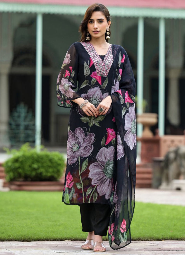 Black Flower Printed Kurta With Trousers & Dupatta