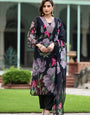 Black Flower Printed Kurta With Trousers & Dupatta