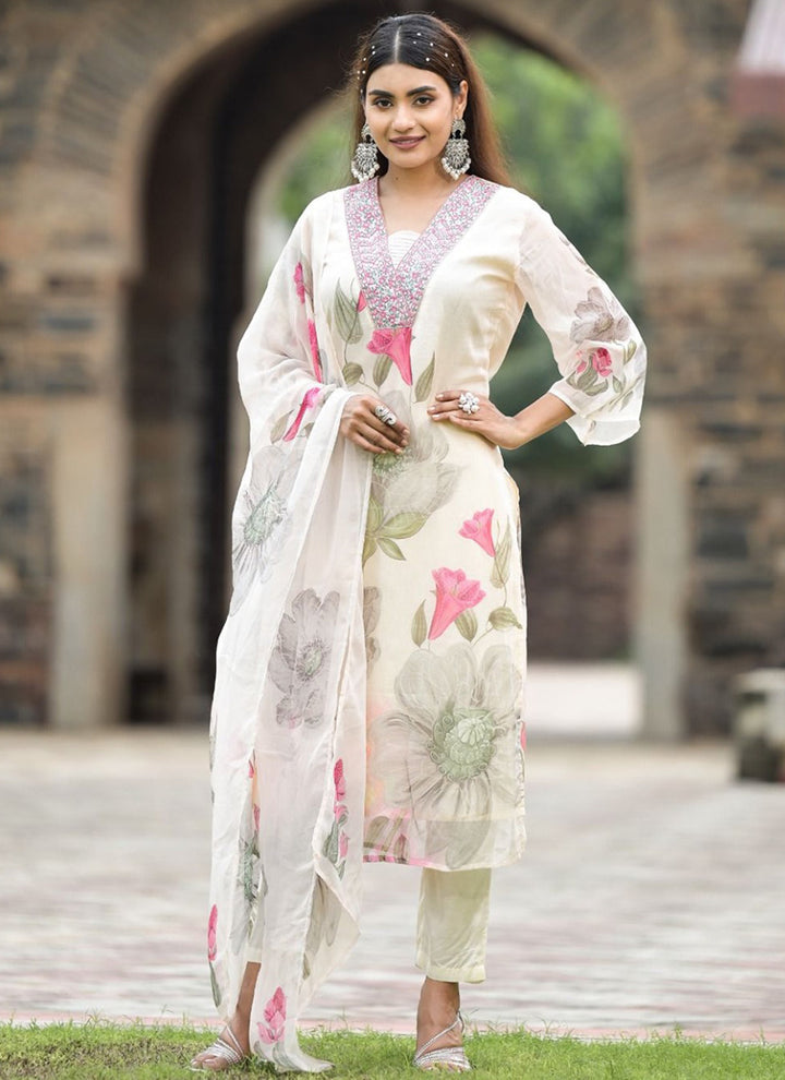 White Flower Printed Kurta With Trousers & Dupatta