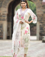 White Flower Printed Kurta With Trousers & Dupatta