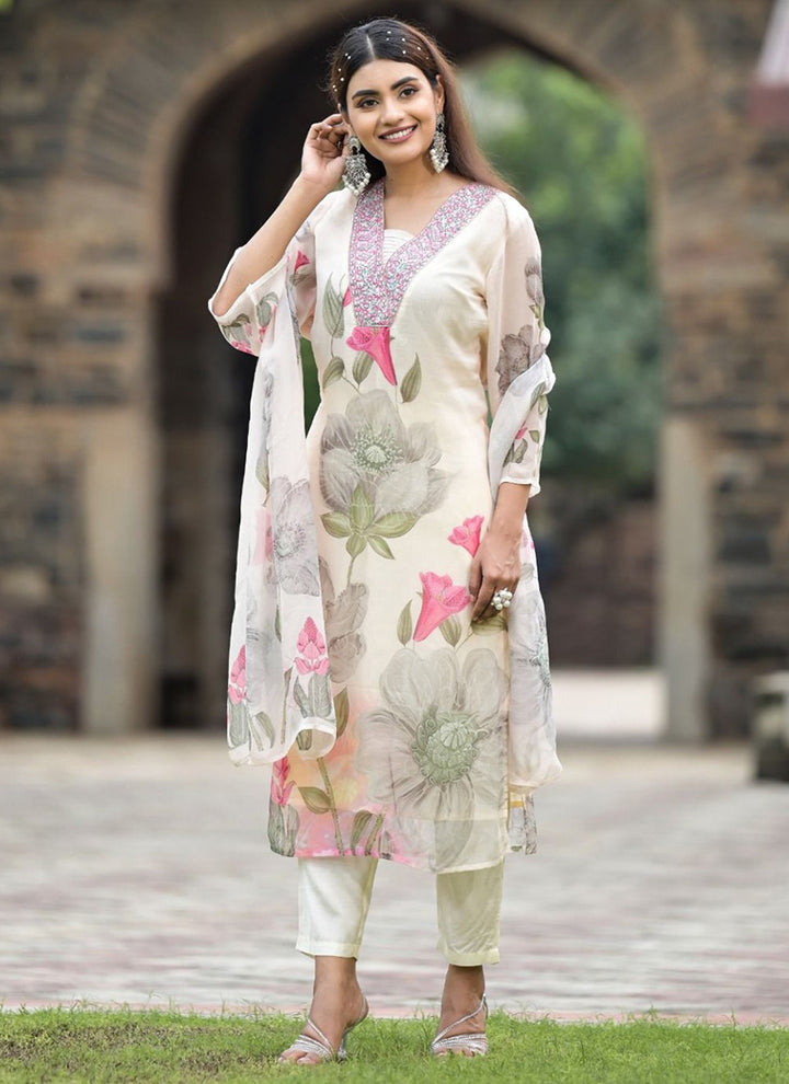 White Flower Printed Kurta With Trousers & Dupatta