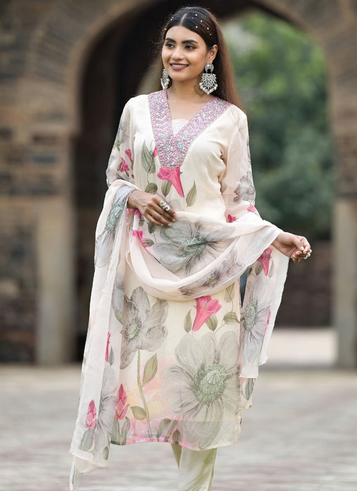 White Flower Printed Kurta With Trousers & Dupatta