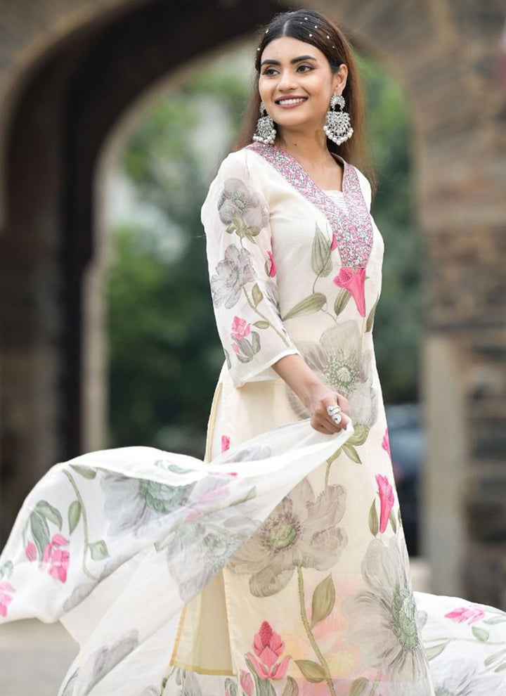 White Flower Printed Kurta With Trousers & Dupatta