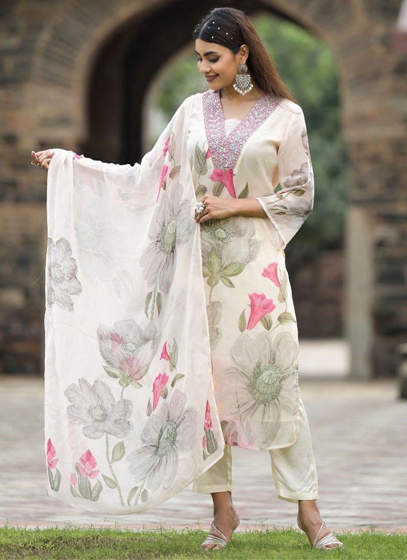 White Flower Printed Kurta With Trousers & Dupatta