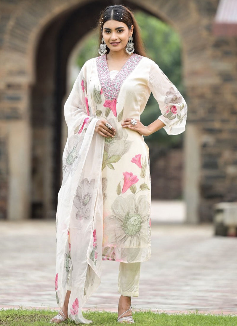 White Flower Printed Kurta With Trousers & Dupatta