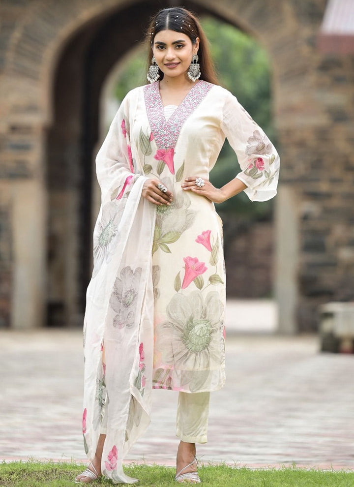 White Flower Printed Kurta With Trousers & Dupatta