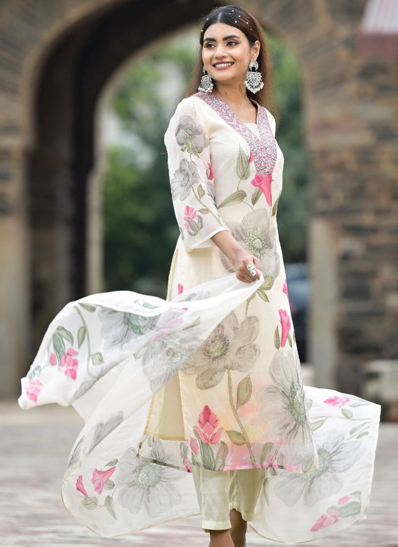 White Flower Printed Kurta With Trousers & Dupatta