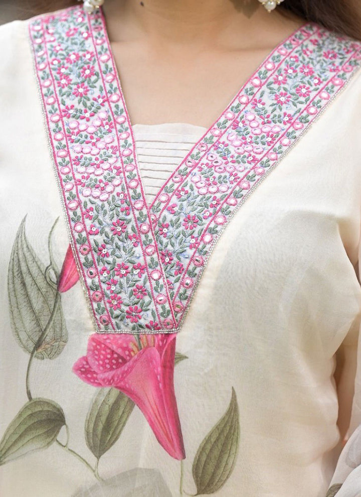 White Flower Printed Kurta With Trousers & Dupatta