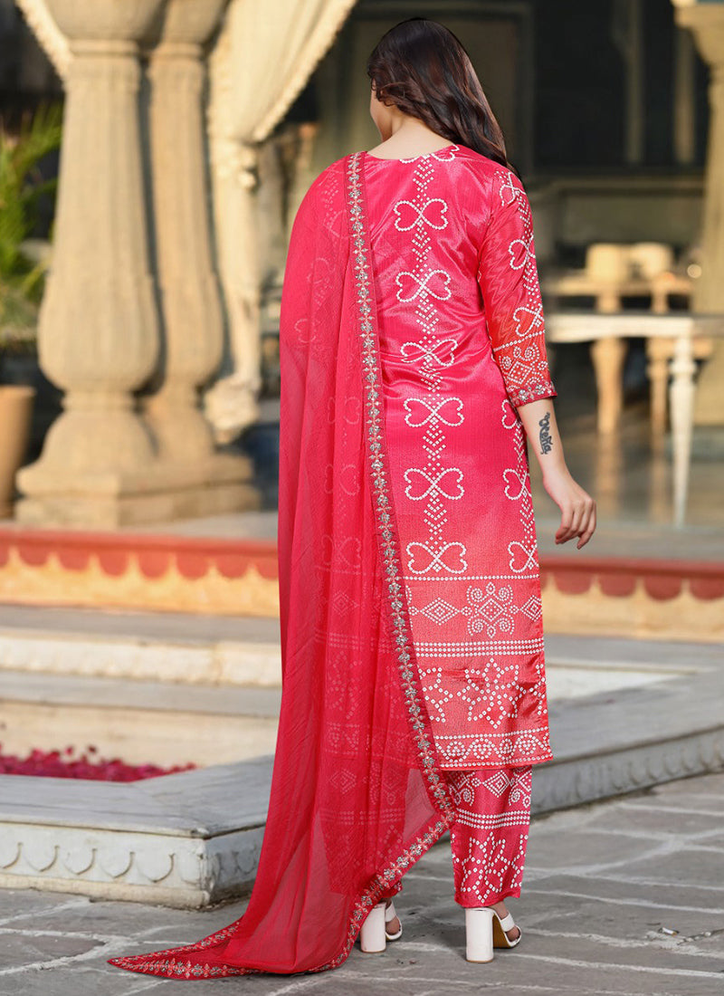 Pink Bandhani Style Printed Straight Kurta Set With Dupatta