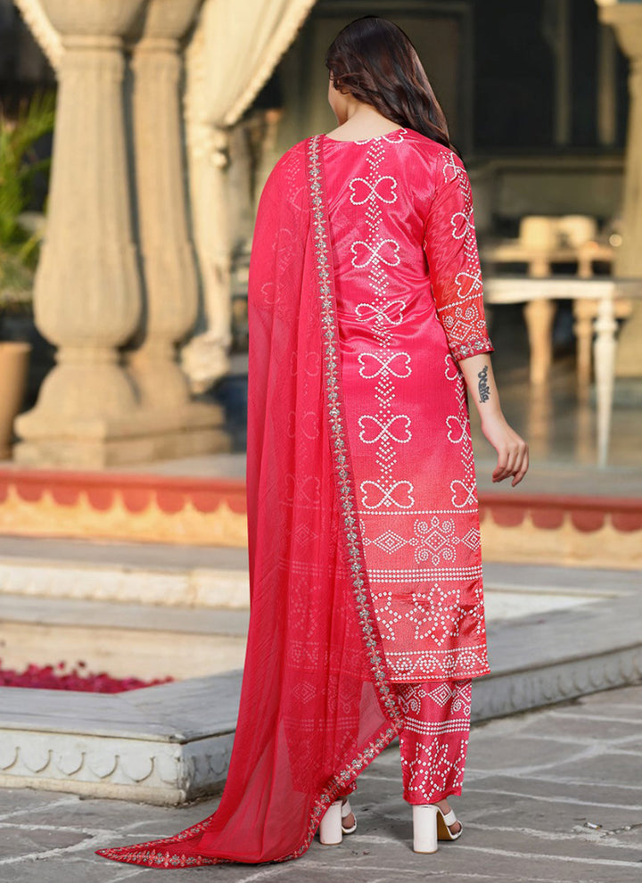Pink Bandhani Style Printed Straight Kurta Set With Dupatta