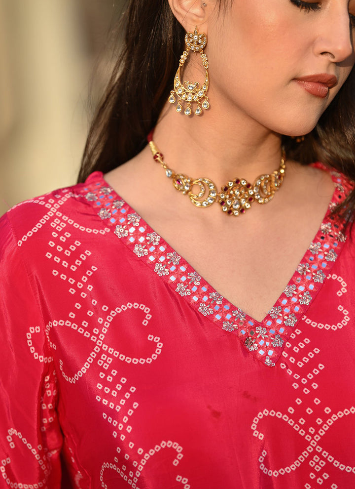 Pink Bandhani Style Printed Straight Kurta Set With Dupatta