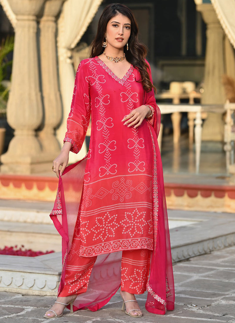 Pink Bandhani Style Printed Straight Kurta Set With Dupatta