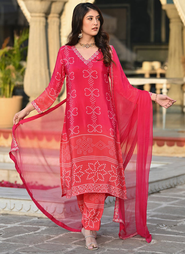 Pink Bandhani Style Printed Straight Kurta Set With Dupatta