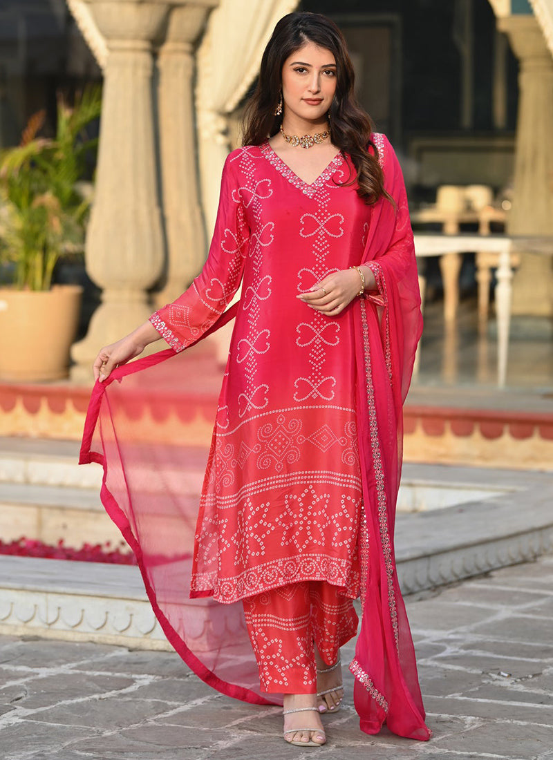 Pink Bandhani Style Printed Straight Kurta Set With Dupatta