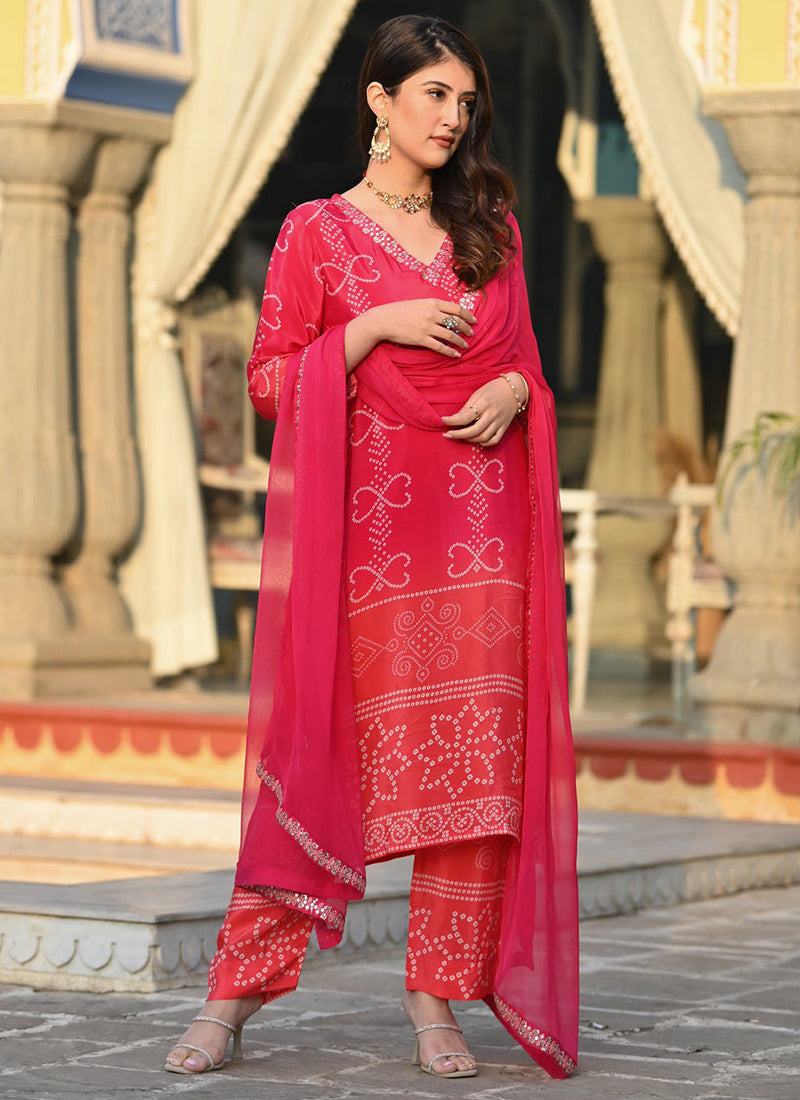 Pink Bandhani Style Printed Straight Kurta Set With Dupatta