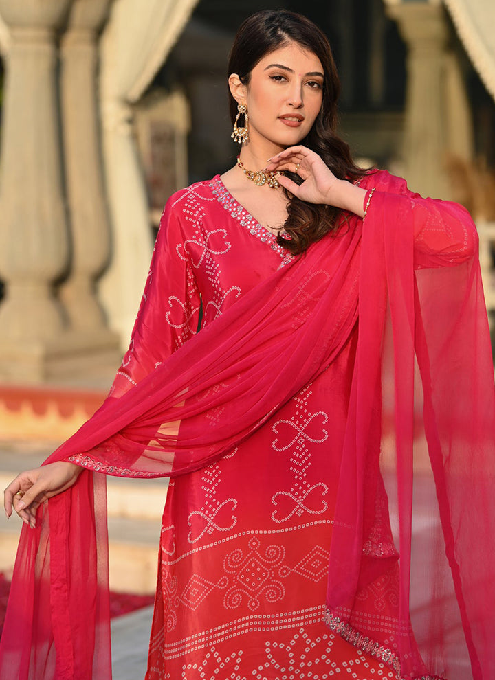 Pink Bandhani Style Printed Straight Kurta Set With Dupatta