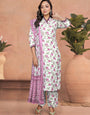 White Flower Printed Cotton Straight Kurta Set