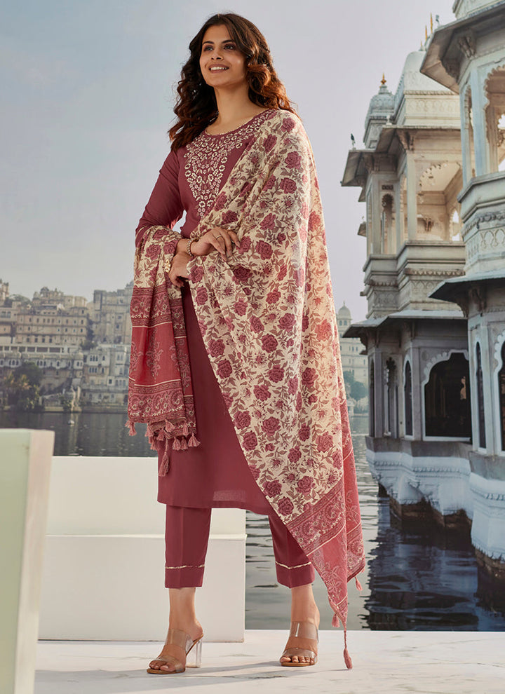 Rust Color Cotton Silk Kurta With Trousers & Dupatta