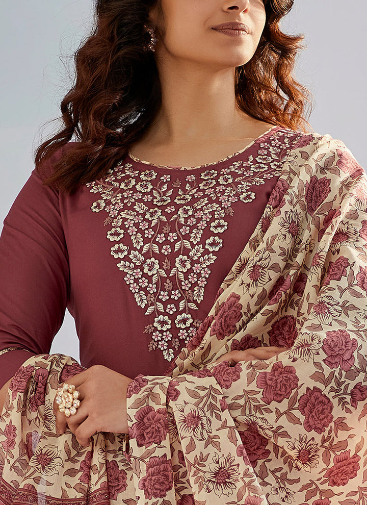 Rust Color Cotton Silk Kurta With Trousers & Dupatta