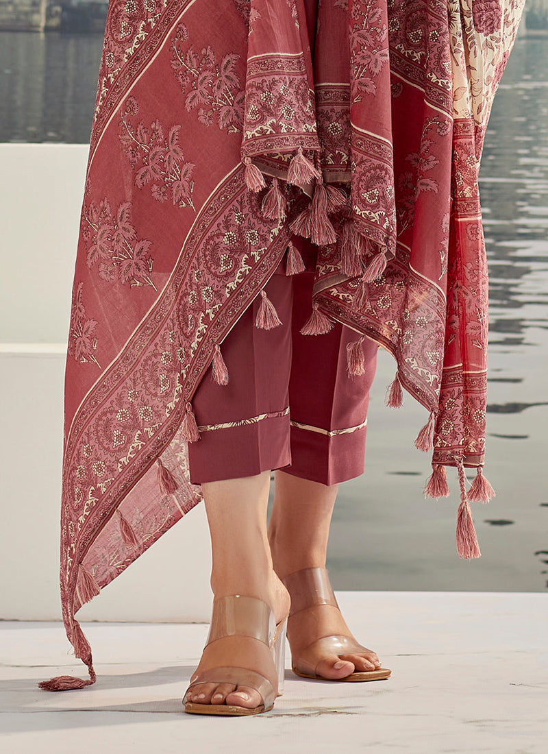 Rust Color Cotton Silk Kurta With Trousers & Dupatta