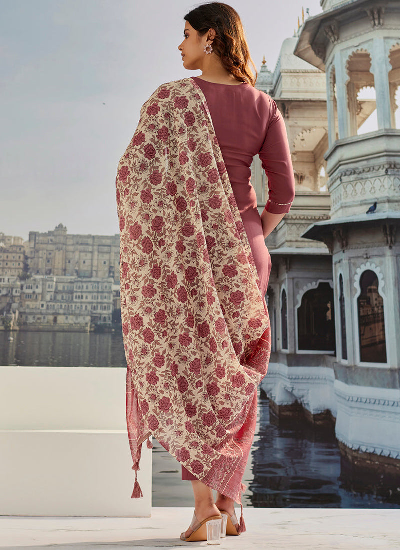 Rust Color Cotton Silk Kurta With Trousers & Dupatta