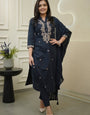 Navy Blue Rayon Slub Embroidered Kurta Set
